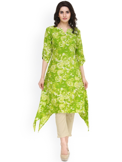 

Indibelle Women Lime Green Floral Print Asymmetric A-Line Kurta