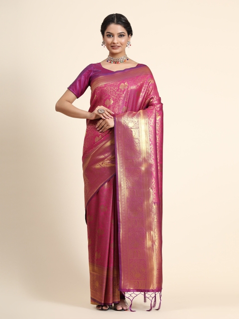 

BAHUJI Purple & Gold-Toned Woven Design Zari Art Silk Banarasi Saree