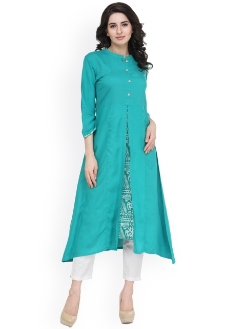 

Indibelle Women Turquoise Blue & White Solid Kurta with Trousers