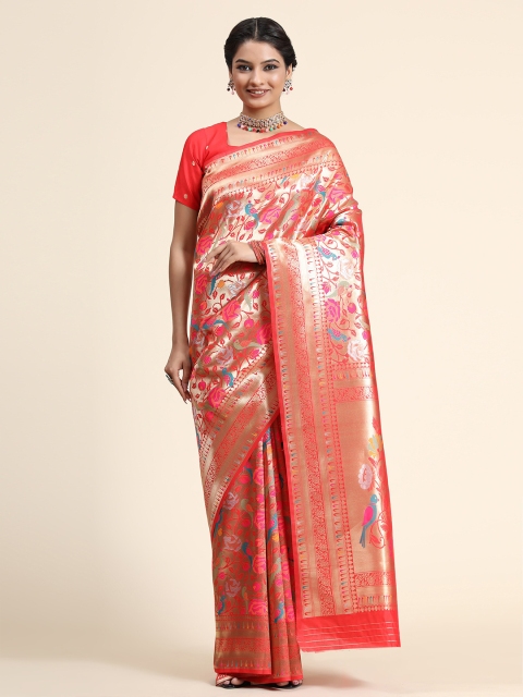 

BAHUJI Red & Gold-Toned Floral Zari Art Silk Paithani Saree