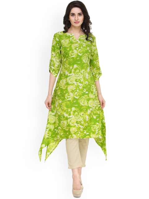 

Indibelle Women Lime Green & Cream-Coloured Printed Kurta with Trousers