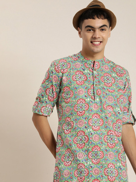 

Taavi Men Green & Pink Ethnic Motifs Printed Block Print Kurta