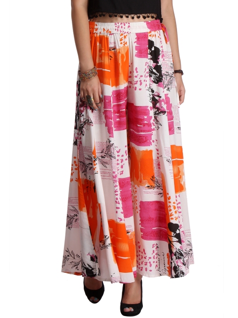 

Varanga Women White & Orange Printed Flared Palazzos