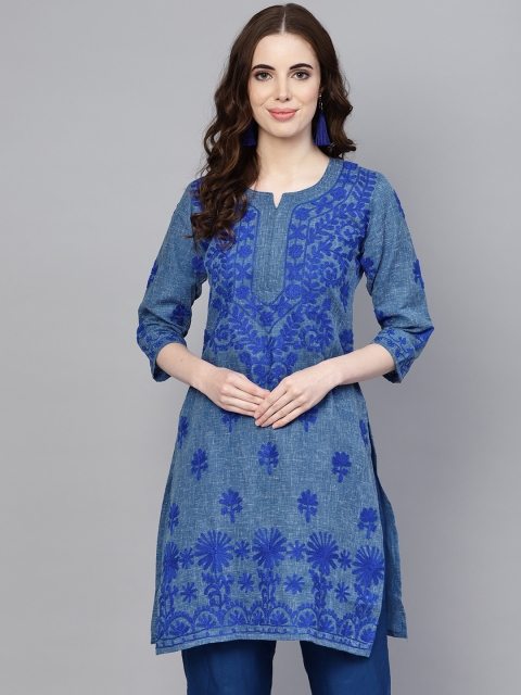 

Saadgi Women Blue Chikankari Embroidered Handloom Straight Kurta