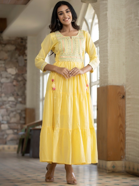 

KAAJH Women Yellow Embroidered Cotton Flared Ethnic Dresses