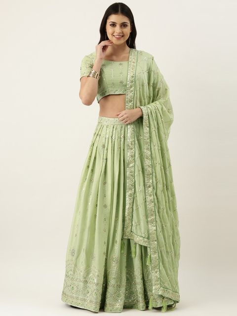 

panchhi Women Green & Silver-Toned Embellished Lehenga & Unstitched Blouse With Dupatta