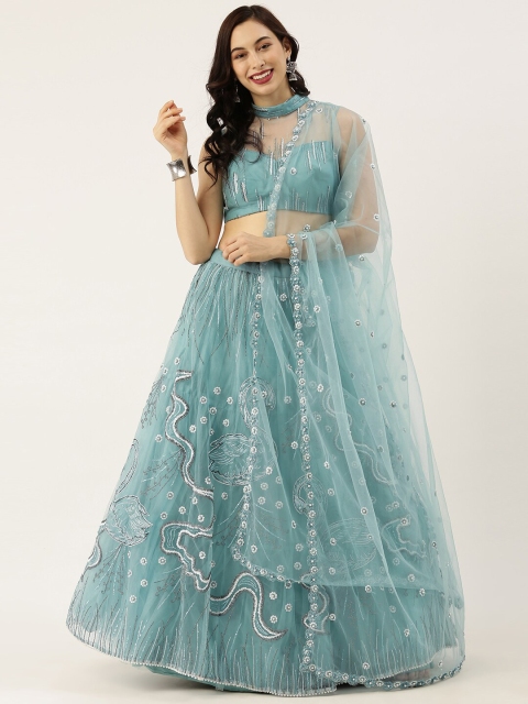 

panchhi Women Turquoise Blue & Silver-Toned Embellished Semi-Stitched Lehenga Set