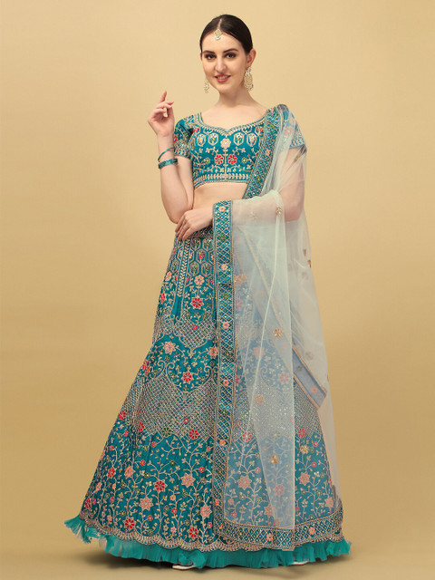 

Amrutam Fab Turquoise Blue & Gold-Toned Embroidered Sequinned Semi-Stitched Lehenga & Unstitched Blouse With