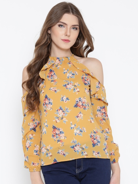 

Sera Women Mustard Yellow Floral Print Cold-Shoulder Top