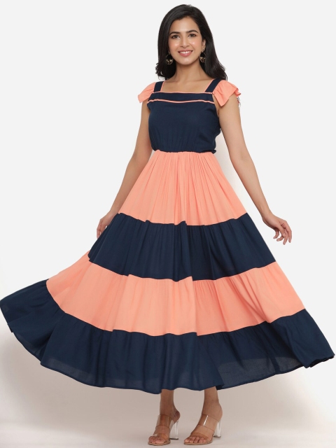 

DAEVISH Blue & Peach-Coloured Colourblocked Tiered Maxi Dress