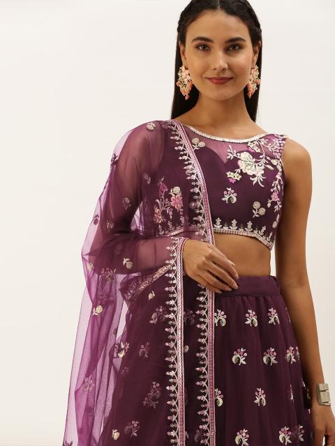 

panchhi Burgundy Embroidered Sequinned Semi-Stitched Lehenga & Unstitched Blouse With Dupatta