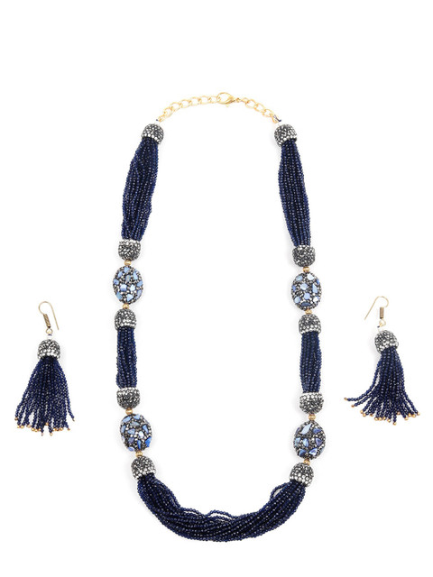 

ODETTE Navy Blue Stone Studded Necklace with Earring