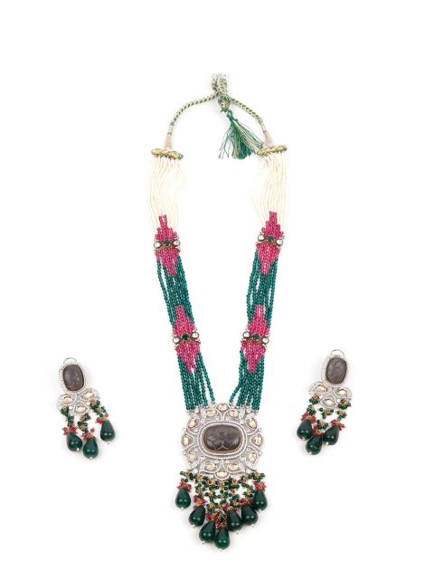 

ODETTE Silver-Plated White & Green Kundan-Studded & Beaded Jewellery Set