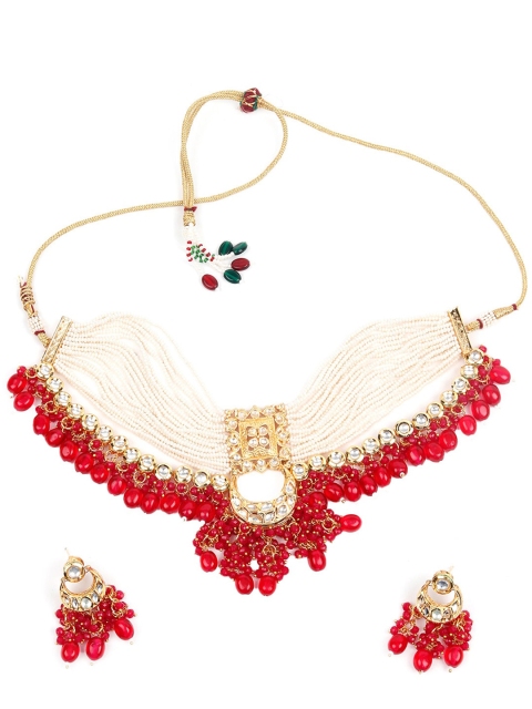

ODETTE Gold-Plated Red & White Pearl Studded Choker Jewellery Set