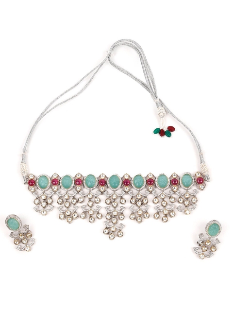 

ODETTE Silver-Plated Sea Green & Pink Pearls-Studded & Beaded Jewellery Set