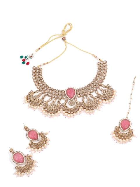 

ODETTE Gold-Plated White & Pink Stone-Studded & Pearl Beaded Jewellery Set