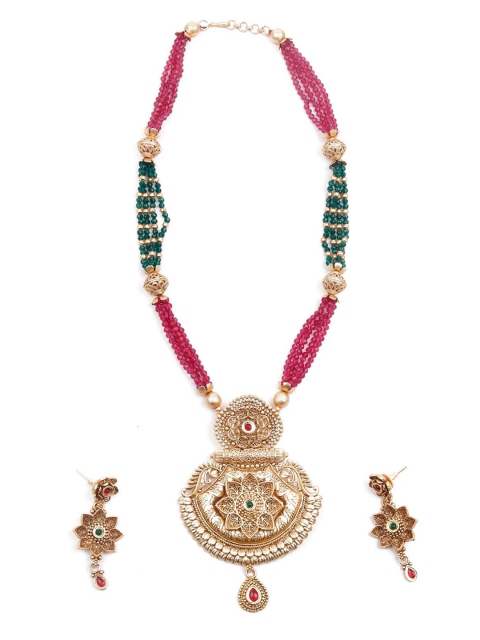 

ODETTE Gold-Plated Pink & Green Stone-Studded & Beaded Jewellery Set