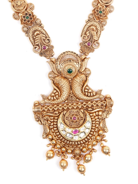 

ODETTE Gold-Plated & Green Stone-Studded & Beaded Jewellery Set