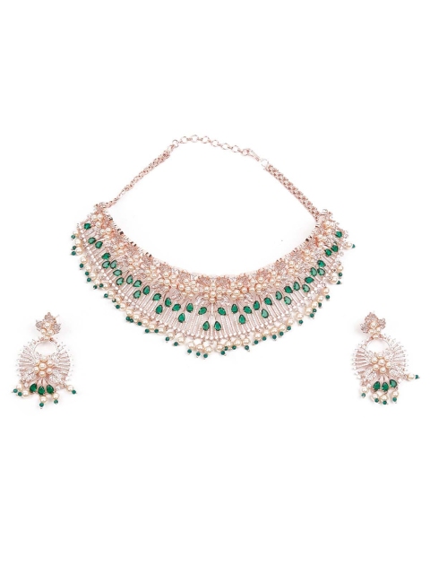 

ODETTE Rhodium-Plated White & Green Stone-Studded & Beaded Jewellery Set, Silver