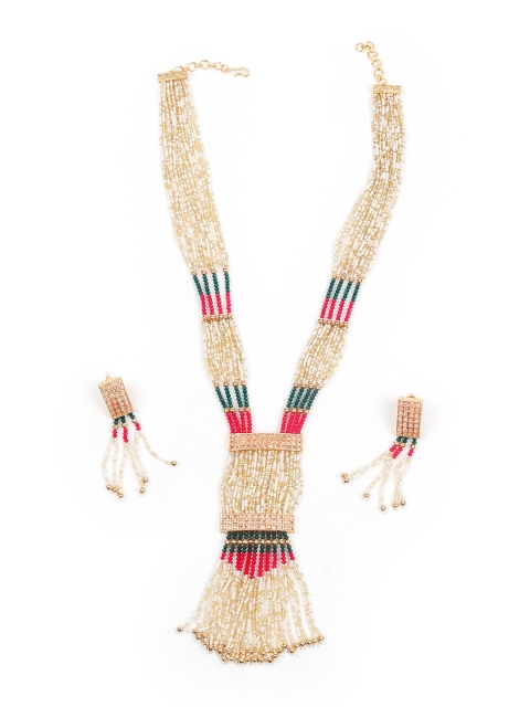 

ODETTE Silver-Plated Pink & Green Stones Studded & Beaded Jewellery Set