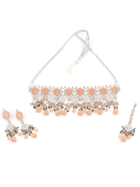 

ODETTE Silver-Plated Peach Colored Stone-Studded & Beaded Jewellery Set