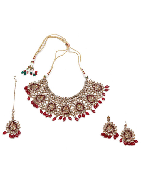 

ODETTE Gold-Plated Maroon & Green Stone-Studded Jewellery Set