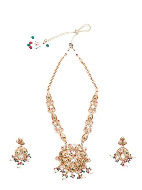 

ODETTE Gold-Plated & Maroon & Green Kundan Beaded Jewellery Set