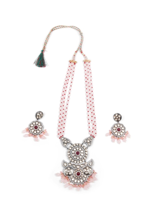 

ODETTE Silver-Plated White & Red Stone-Studded & Pearl Beaded Jewellery Set