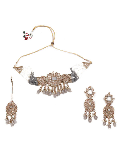 

ODETTE Gold-Plated Grey Kundan Studded Choker Jewellery Set
