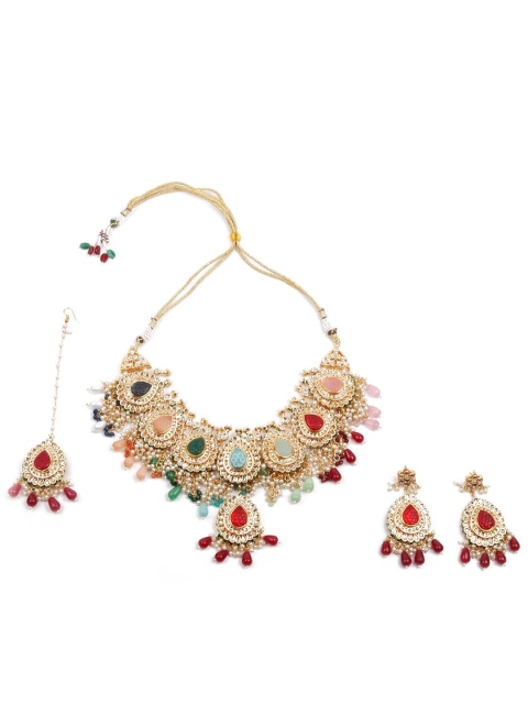 

ODETTE Gold-Plated White & Maroon Stone-Studded & Kundan Beaded Jewellery Set