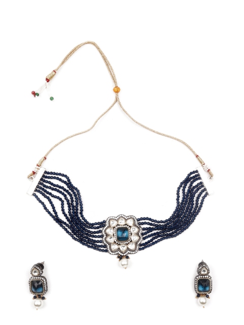 

ODETTE Silver-Plated Navy Blue Pearls & Beads Studded Jewellery Set