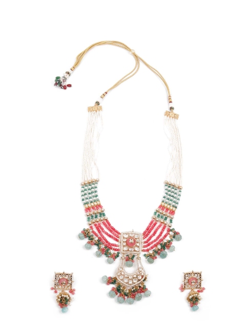 

ODETTE Gold-Plated Red & Green Opulant Embellished Long Necklace Set