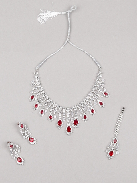 

ODETTE Silver-Plated Red & White Stone-Studded Jewellery Set