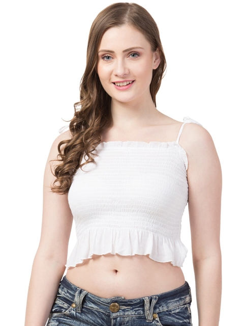 

Gaurgeous Women White Ruffles Smocked Crop Top