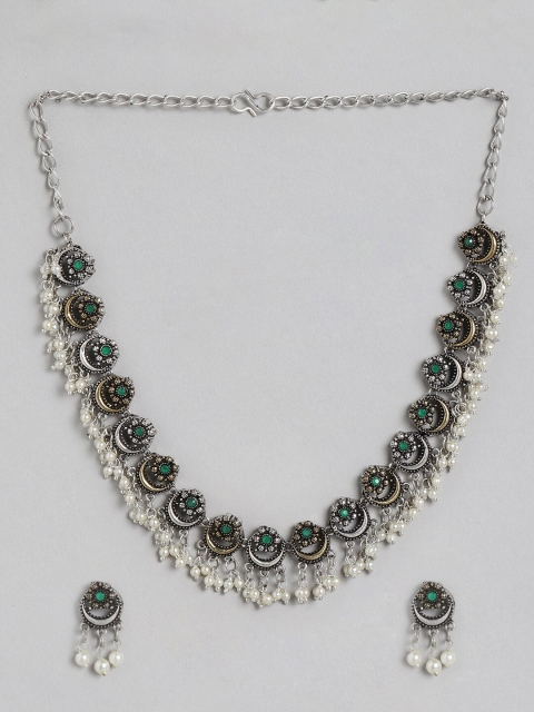 

Sangria Silver-Plated Green & White Stone-Studded & Beaded Jewellery Set