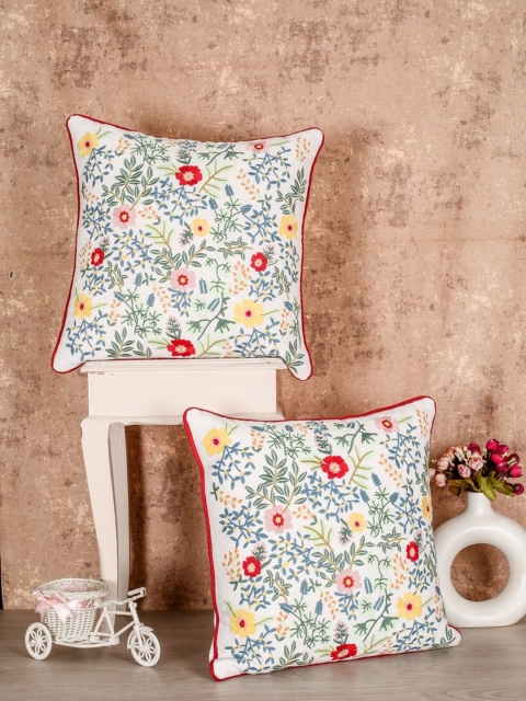 

SHADES of LIFE Green & Red Set of 2 Embroidered Square Cushion Covers, Multi