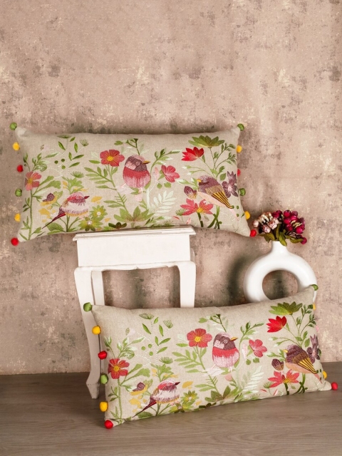 

SHADES of LIFE Cream-Coloured & Pink Set of 2 Embroidered Square Cushion Covers