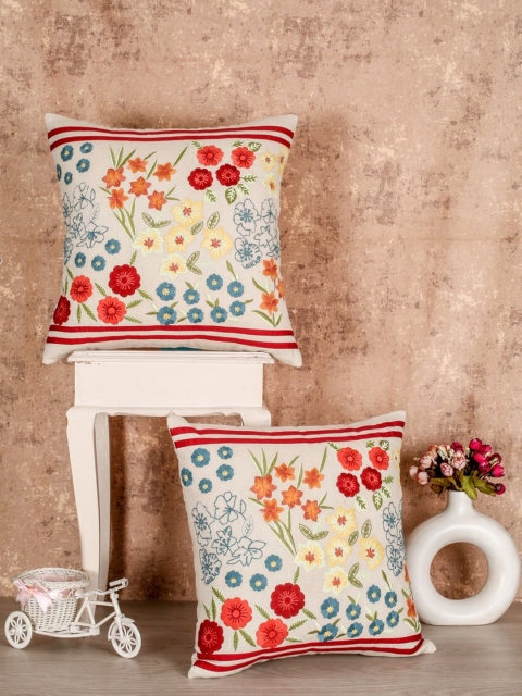 

SHADES of LIFE Cream-Coloured & Red Pack of 2 Embroidered Square Cushion Covers