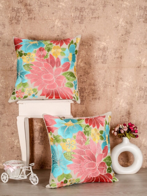 

SHADES of LIFE Blue & Peach-Coloured Set of 2 Embroidered Square Cushion Covers