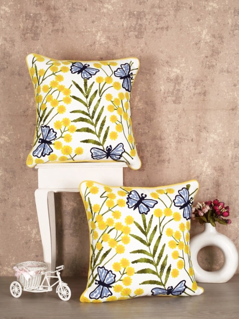 

SHADES of LIFE White & Yellow Set of 2 Embroidered Square Cushion Covers