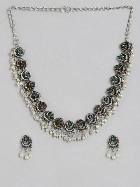 

Sangria Silver-Plated Green Stone-Studded & Beaded Jewellery Set