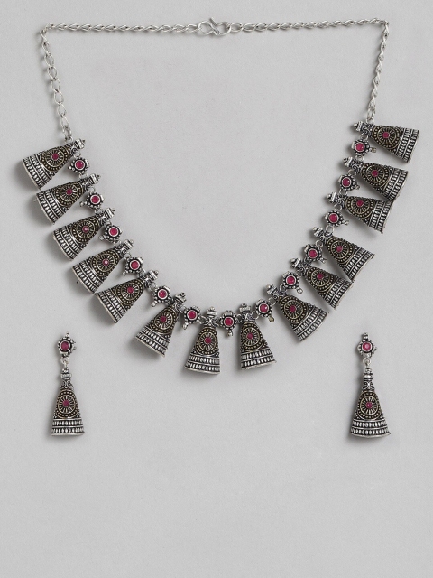 

Sangria Silver-Plated Pink Stone Studded Handcrafted Jewellery Set