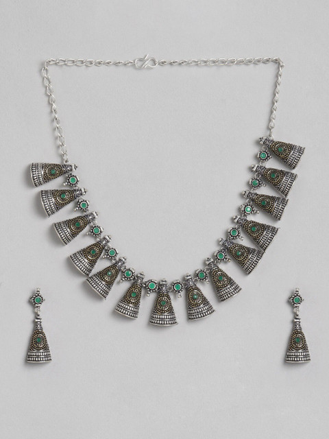 

Sangria Silver-Plated Green Stone-Studded Jewellery Set