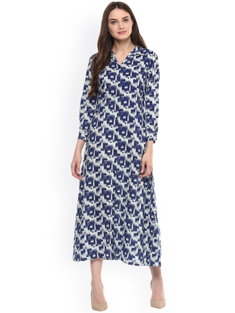 

Jaipur Kurti Women Blue & White Printed Shirt Midi Dress