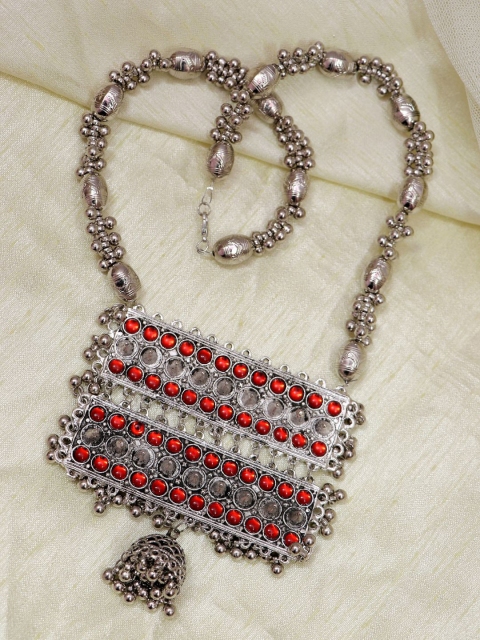 

Crunchy Fashion Silver-Toned & Red Silver-Plated Oxidised Necklace