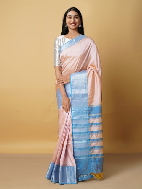 

Unnati Silks Peach-Coloured & Blue Woven Design Zari Pure Silk Mangalagiri Saree