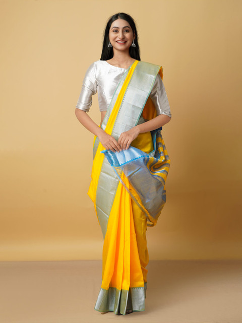 

Unnati Silks Yellow And Silver Toned Zari Mangalgiri Pattu Silk Saree