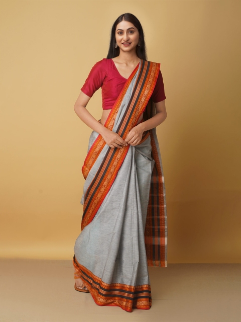 

Unnati Silks Grey And Orange Pure Cotton Kanjeevaram Saree