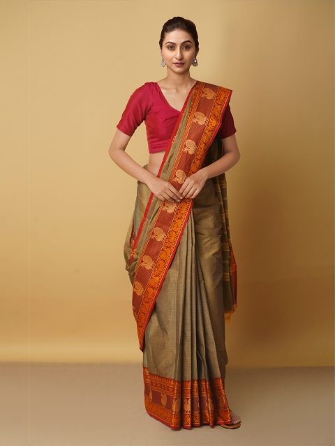 

Unnati Silks Brown & Red Zari Pure Cotton Kanjeevaram Saree