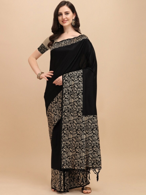 

VISHNU WEAVES Black & Beige Kalamkari Bhagalpuri Saree